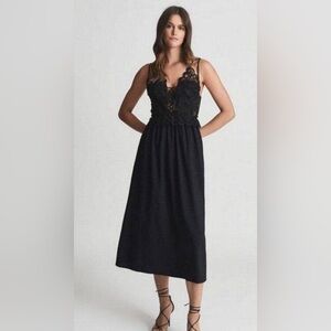 NWT Reiss Serena Lace Detailed Midi Dress Black Modal Linen Sz 4